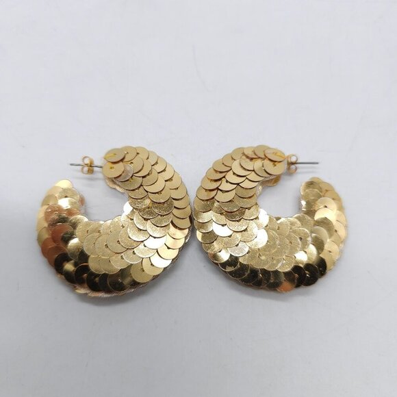 Vintage 1980s Gold Sequin Hoop Earrings - Picture 2 of 4